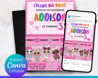 Editable Little Doll Birthday Invitation, Pink Doll Birthday Party Invitation, Doll Birthday Invitation, Kids Birthday Invitation