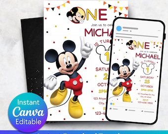 Editable Mickey Mouse birthday invitation, Printable Invitation Mickey,  1st birthday Micky Invite, Birthday Boy Invitation, Mickey Mouse