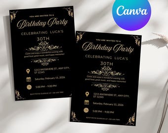 Plantilla de invitación de cumpleaños en negro y dorado, moderna y editable en Canva, ideal para fiestas, imprimible y elegante, descarga instantánea.