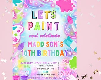 Invitación de cumpleaños editable con pintura de cerámica, fiesta de pintura con brillo neón, plantilla de Canva para cumpleaños de manualidades, descarga instantánea