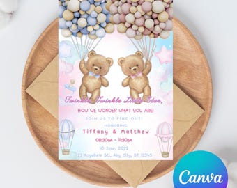 Plantilla de invitación para revelar el género de tu bebé, invitación para fiesta de revelación de género con osito de peluche, rosa, azul pastel, descarga editable en Canva.