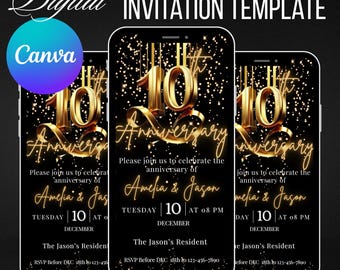 Plantilla editable de invitación para el décimo aniversario (Canva), invitación para fiesta de aniversario de oro, descarga digital de aniversario con detalles en negro y dorado.
