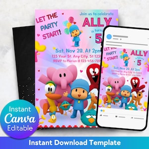 Digital Kids Party Invite Bday Karte, bearbeitbare Pocoyo Geburtstagseinladungsvorlage, druckbare Geburtstagsfeiereinladungen, Pocoyo Einladung