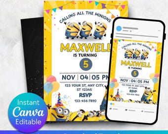 Editable Yellow Minions Birthday Invitation, Printable Birthday Invite, Digital Kids Party Invite, Boy birthday party invite