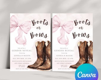 Invitación para revelar el género con botas o lazos, invitación para baby shower estilo western, fiesta de revelación de género vaquera, plantilla rústica editable para revelar el género.