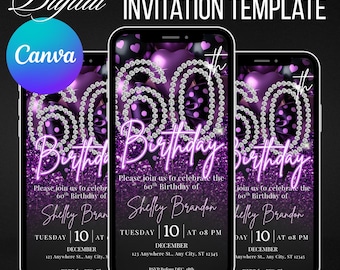 Invitación de 60 cumpleaños, plantilla editable en Canva, invitación para fiesta, celebración imprimible para adultos, descarga digital instantánea