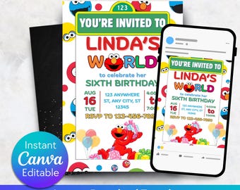 Editable Sesame Street Birthday Invitation, Boy and Girl Kids invitation, Elmo Birthday Invite, Kids Birthday Invitation, Birthday Template