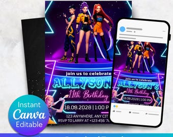 Kpop Dämonenjäger Einladung, Huntrix Einladung, Anime Geburtstagsparty einladen, druckbare Dämonenjäger Einladung, Kindergeburtstag