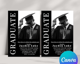 Plantilla de invitación de graduación editable en Canva, invitación con foto para fiesta de graduación, anuncio de graduación moderno en negro, descarga digital de la promoción de 2026
