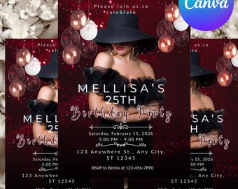 Plantilla de invitación para el 25.º cumpleaños de Mellisa, invitación editable en Canva, invitación imprimible para celebrar un hito, descarga instantánea