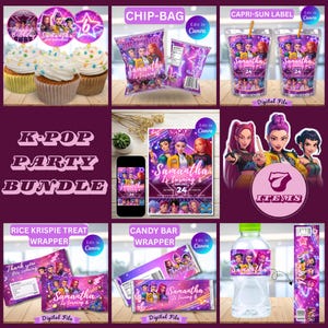 May include: A K-Pop party bundle with various items, including cupcakes, chip bags, Capri-Sun labels, and candy bar wrappers. The items feature a purple and pink color scheme with the text "Samantha is turning 6" and "Happy Birthday".