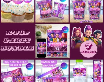 Invitación para fiesta K-POP, bolsa de papas fritas, caramelos Capri-Sun con envoltorio de Rice Krispies, adorno para cupcakes y etiqueta para botella de agua, descarga digital