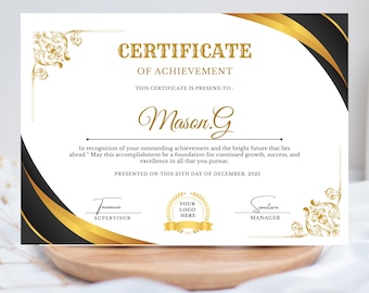 Plantilla de certificado de logro editable / Certificado de premio imprimible / Diploma de reconocimiento personalizado en formato PDF de Canva