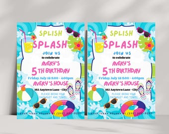 Plantilla de invitación de cumpleaños con efecto chapoteo, invitación para el quinto cumpleaños con efecto chapoteo, Canva editable, invitación imprimible para fiesta en la piscina