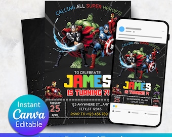 Editable Superheroes Birthday Invitation Template, Spider-Man Iron Man Birthday Invite, Avengers Birthday Invite Template, Kids Superhero