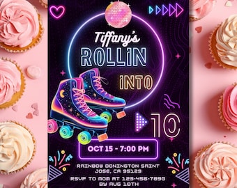 Invitación de cumpleaños editable de patinaje sobre ruedas, invitación a fiesta de patinaje con brillo neón retro, plantilla Canva de cumpleaños de discoteca de patinaje