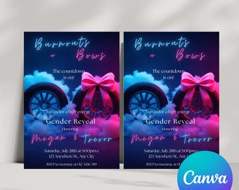 Invitación para revelar el género de tu bebé (con moños o quemados), invitación para fiesta de revelación de humo de neumáticos, plantilla rosa y azul para revelar el bebé, invitación editable con temática de coche.
