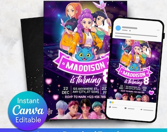 May include: A digital invitation template with a purple and pink theme. The design features anime-style characters, the text "MADDISON is turning" and event details. The invitation is editable in Canva and available for instant download.