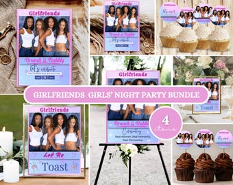 Paquete de fiesta de chicas para novias: cartel de bienvenida, adorno para cupcakes y póster de mesa, decoración de fiesta imprimible, descarga digital