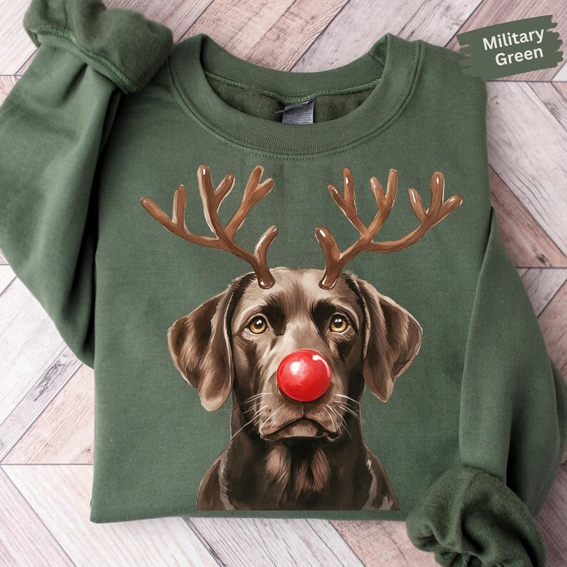 A green sweatshirt with a brown dog wearing a red nose and antlers, which appears to be a Christmas-themed design.