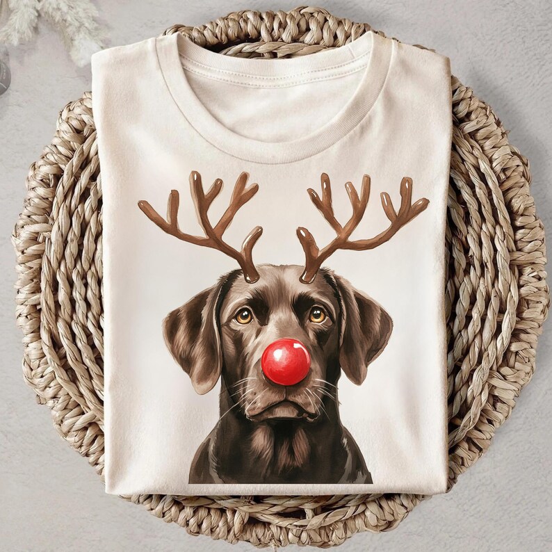 A white t-shirt with a printed image of a dog wearing a red nose and antlers, resembling a reindeer or Christmas character.