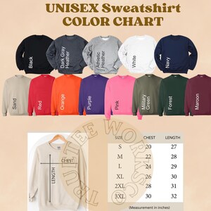 The image is a color chart for a unisex sweatshirt, displaying various color options and corresponding measurements.