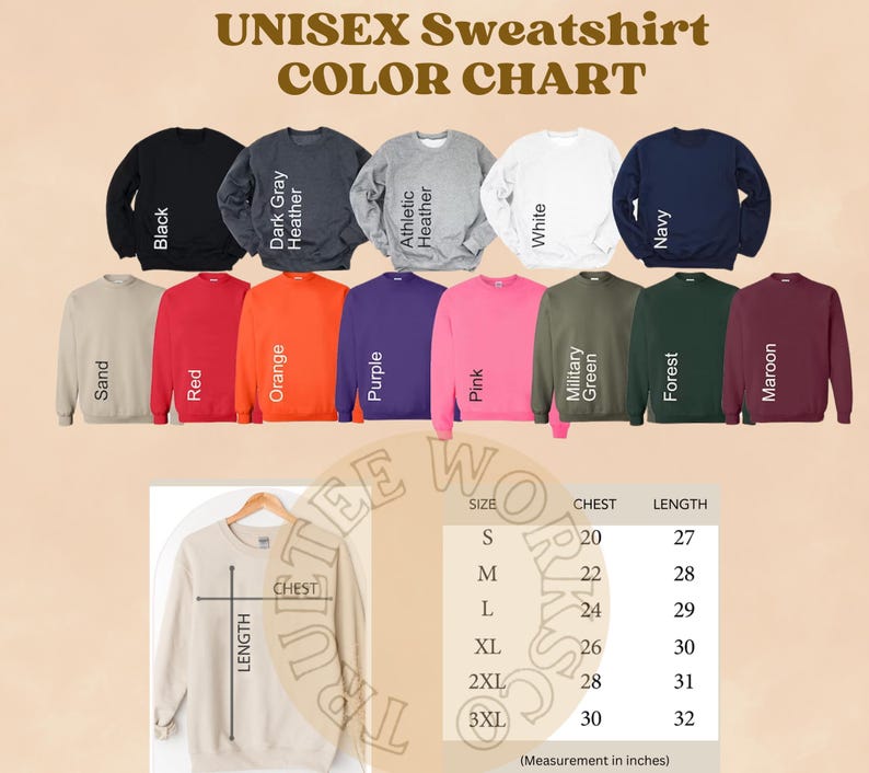 The image is a color chart for a unisex sweatshirt, displaying various color options and corresponding measurements.