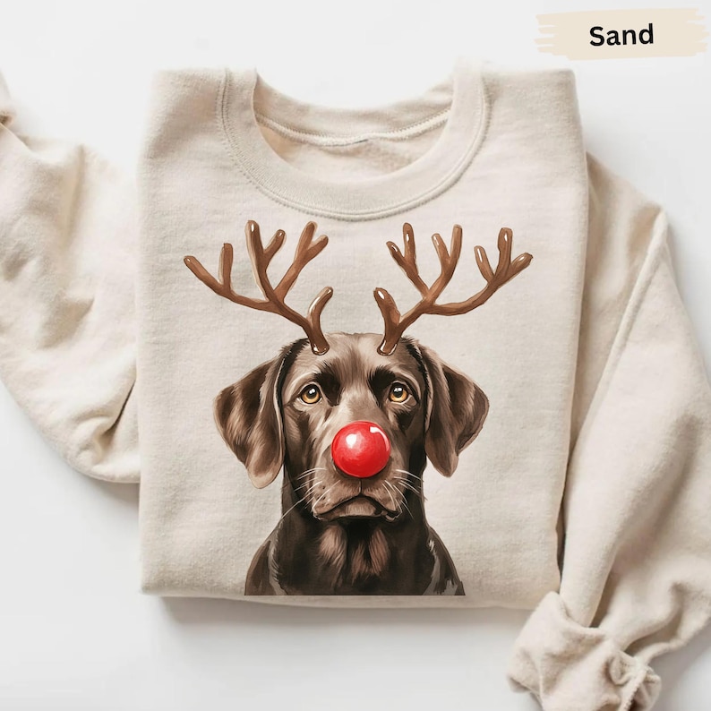 A beige sweater with a printed image of a dog wearing antlers and a red nose, resembling a reindeer or a Christmas character.