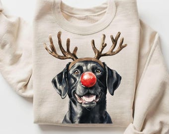 Sudadera navideña de labrador negro: Camiseta navideña para perro con reno