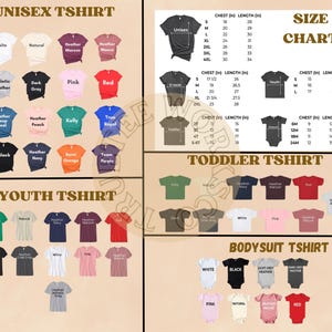 The image is a collage of various t-shirt designs and sizes, including a chart and a list of different types of t-shirts.