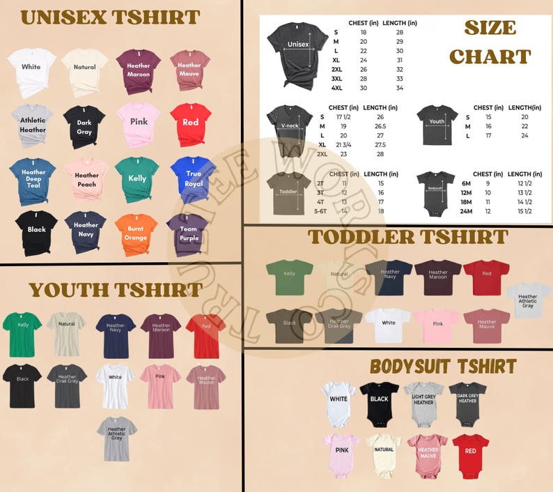 The image is a collage of various t-shirt designs and sizes, including a chart and a list of different types of t-shirts.