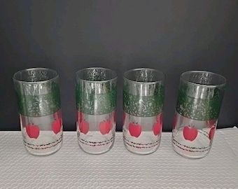Set van 4 Vtg Libbey rode appel met groene sponsontwerpglazen 16 Oz, jaren 90