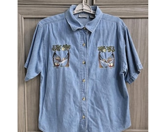 Camicetta vintage da donna Allyson Whitmore in denim, taglia M, con orsi, palme e motivo nonna.