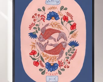 Pisces Zodiac Art Print: Celestial Pisces Giclée Illustration