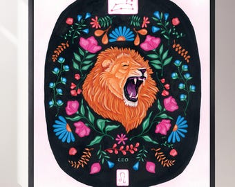 Leo Zodiac Giclée Print: Celestial Lion Illustration, Astrology Art