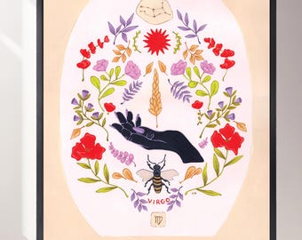 Virgo Zodiac Art Print: Celestial Floral Illustration (Giclée)