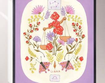 Libra Zodiac Art Print: Celestial Floral Illustration (Giclée)