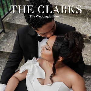 May include: A wedding announcement featuring a couple embracing. The text reads "THE CLARKS The Wedding Edition", "Ian & Mariah", "DETROIT, MICHIGAN", "A Night To Remember", and "08 16 2025". The bride wears a white dress.