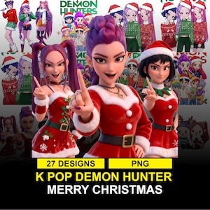 Kpop Demon Hunter Christmas PNG Bundle | Digital Girl Group Clipart | Holiday Anime Pop Star Stickers | Printable Download