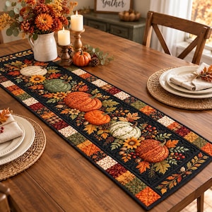 Peut inclure: Un chemin de table matelassé rectangulaire à fond noir orné d'un motif répétitif de citrouilles orange, vertes et blanches, de tournesols et de feuilles d'automne. La bordure présente un design en patchwork dans des tons orange, marron et crème.