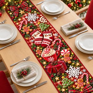 Christmas Gingerbread Table Runner, Red Plaid Holiday Table Decor, Candy Cane Xmas Dining Runner, Festive Christmas Cookie Farmhouse Decor