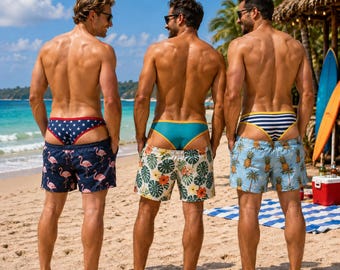 Herrbadbyxor, Mönstrade fejkunderkläder, Roliga strandshorts, Sommaroutfit för poolparty, Roliga shorts