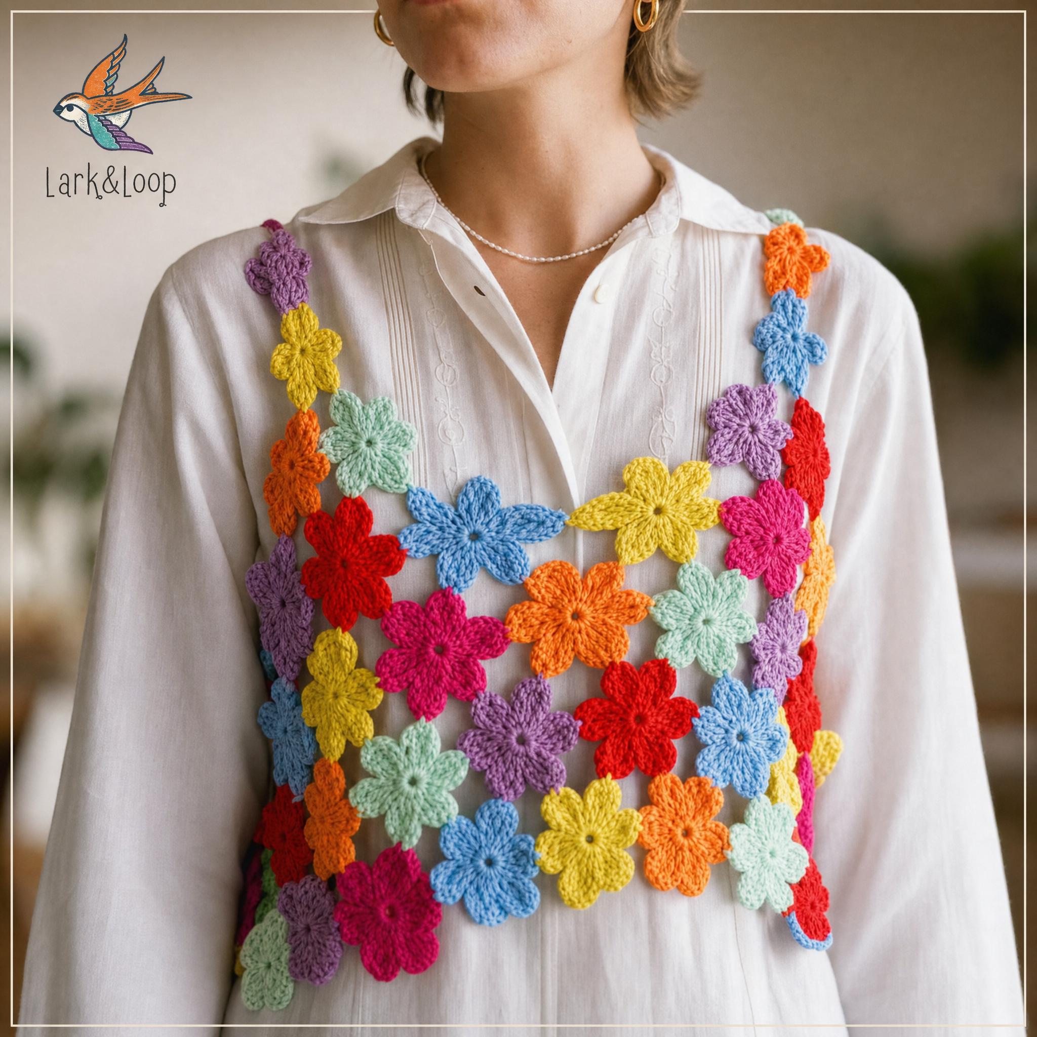 Colorful Crochet Flower Top, Handmade Floral Knit Vest, Boho