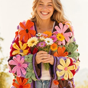 May include: A crochet cardigan featuring a vibrant, multi-colored floral pattern with large, three-dimensional flower motifs in shades of orange, pink, yellow, green, and brown, worn over a white top and blue denim jeans.