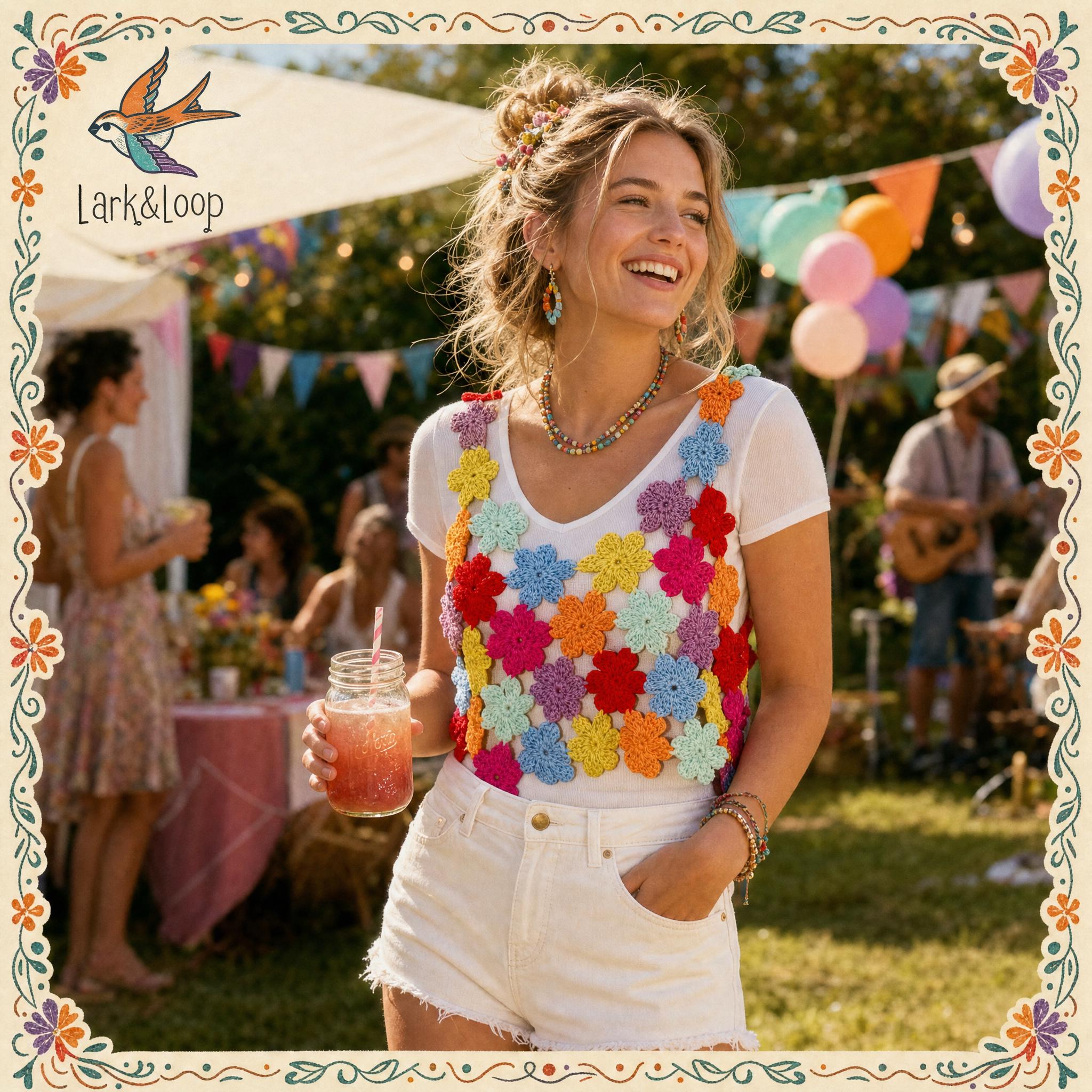 Colorful Crochet Flower Top, Handmade Floral Knit Vest, Boho