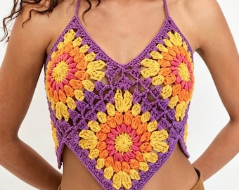 Handmade Sunflower Crochet Halter Top, Boho Granny Square Festival Crop Top, Tie Back Knit Cami, Summer Beach Bohemian Hand Knit Tank Top