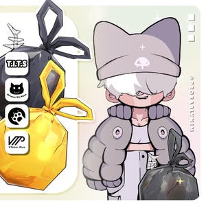 May include: Illustration of a cartoon character wearing a gray cat-eared hat and a puffy gray jacket, holding a black trash bag. Beside the character are two stylized trash bags, one black and one gold, with icons and text.