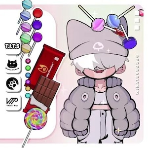 May include: Illustration of a cartoon character wearing a gray hat and jacket, adorned with lollipops. The image includes a red chocolate bar, a swirl lollipop, and text that reads "T.I.T.S", "Because We Nyann", and "VTuber Plus".