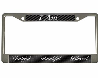 Grateful Thankful Blessed License Plate Frame, Carbon Fiber Style