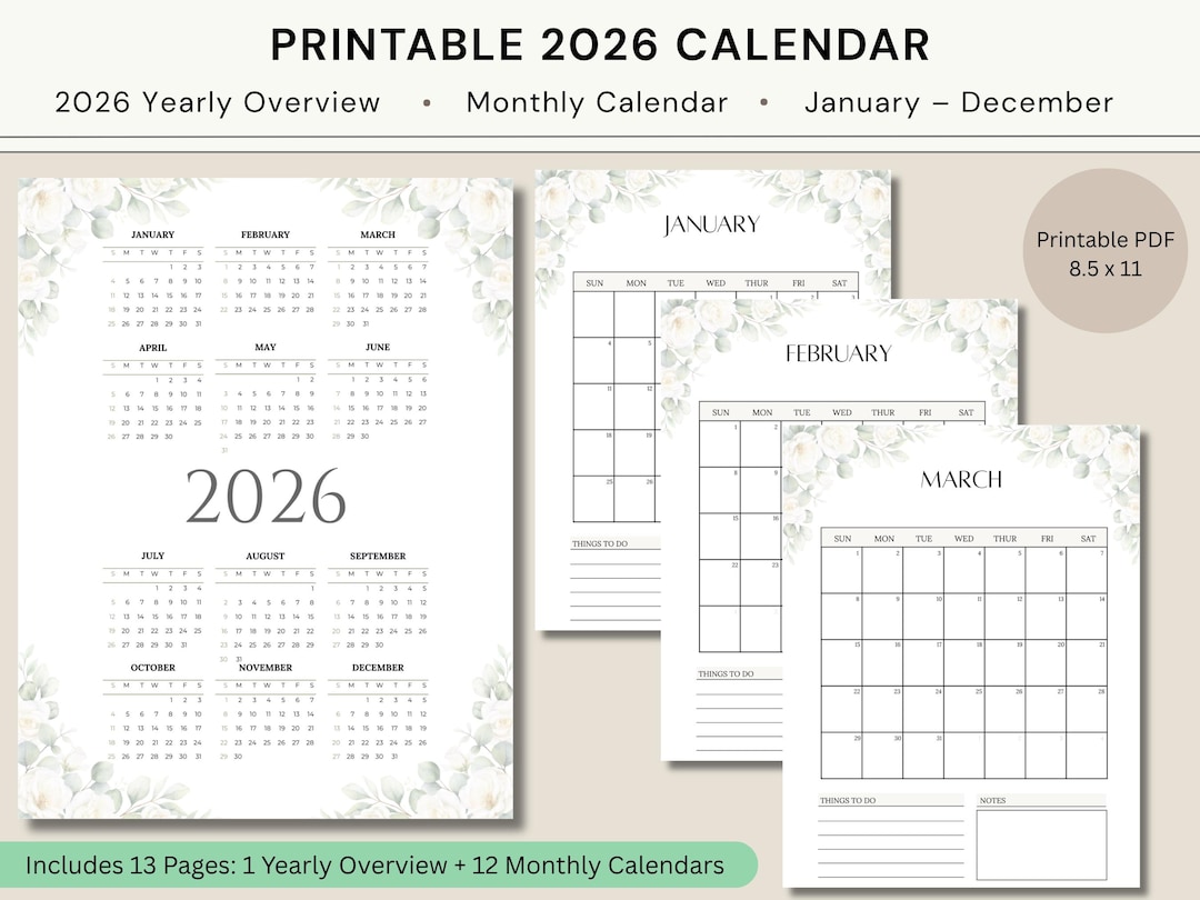 2026 Minimalist Calendar Printable | Yearly Overview Planner (digital ...